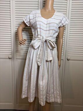 Ace & Jig White and Tan Embroidered & Striped Tie-Waist Midi Dress Small